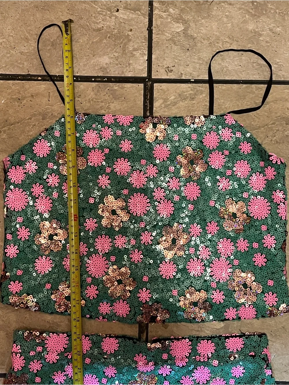 TOPSHOP Size 8 Green Pink Sequin Floral Crop Top Mini Skirt 2 Piece Set